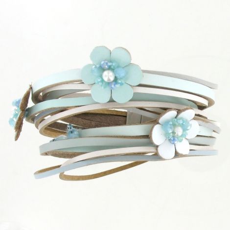 Bracelet double tours bleu ciel fleurs