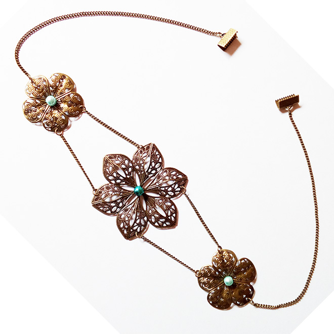 Headband chaîne et estampes bronze vieilli ornées de perles